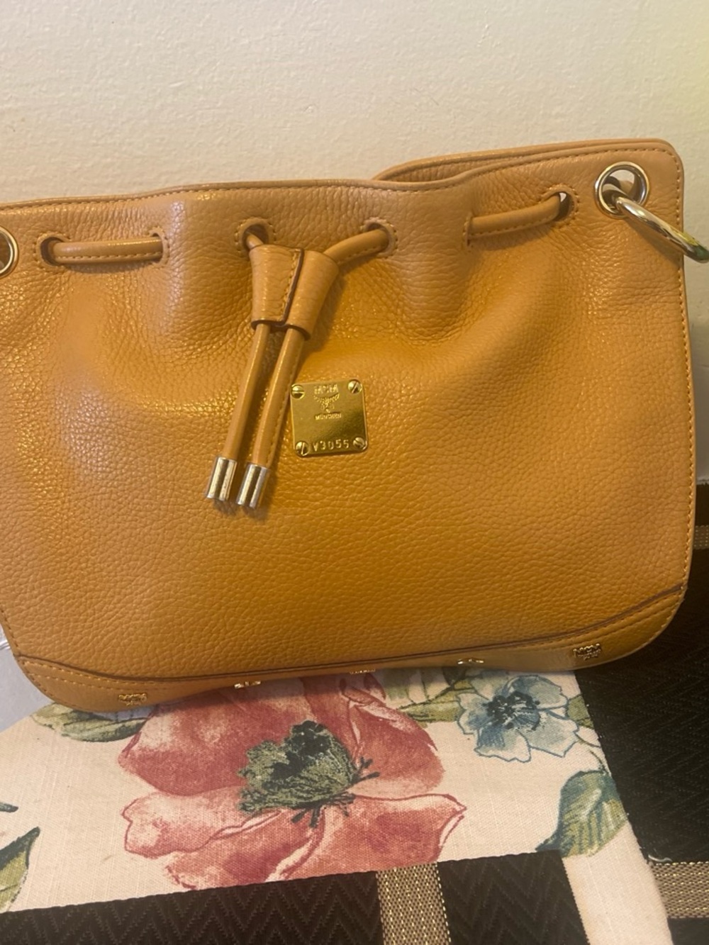 MCM Cognac Pebbled Leather Drawstring Shoulder Bag